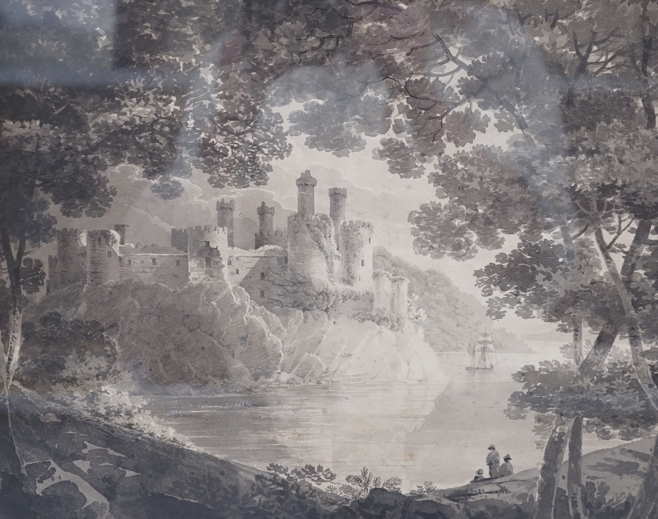 Early 19th century English School, monochrome watercolour, Coastal castle viewed from woods, 27 x 33cm